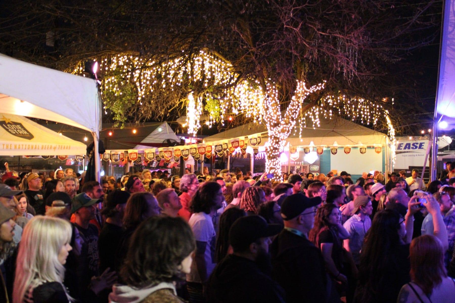 A crowded outdoor music venue beneath trees and strings of lights.